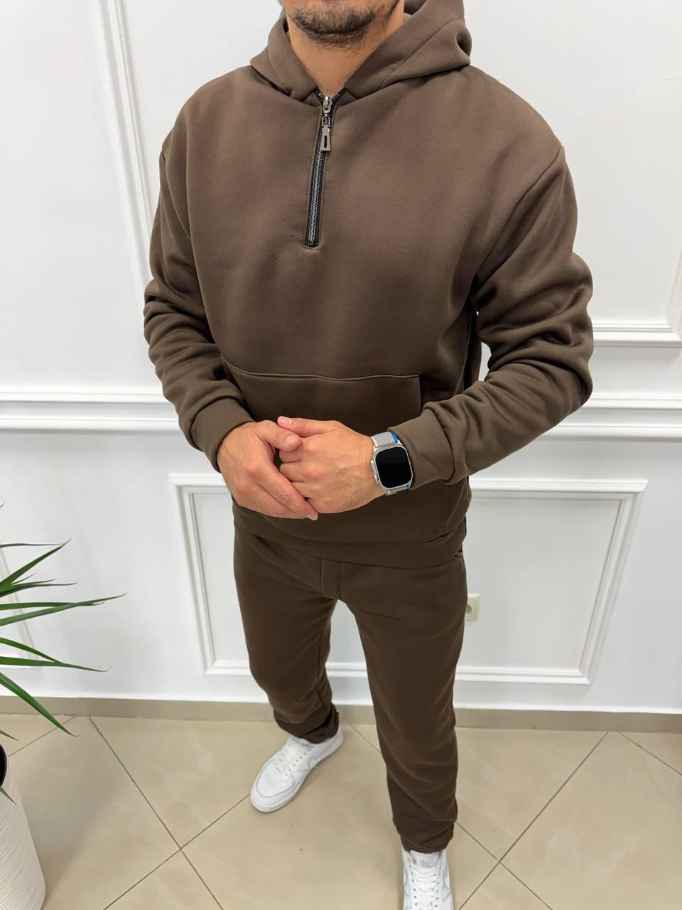 Теплий овеpсайз костюм на флісі Zip в коричневому кольорі (Арт.: AD8691-1)
