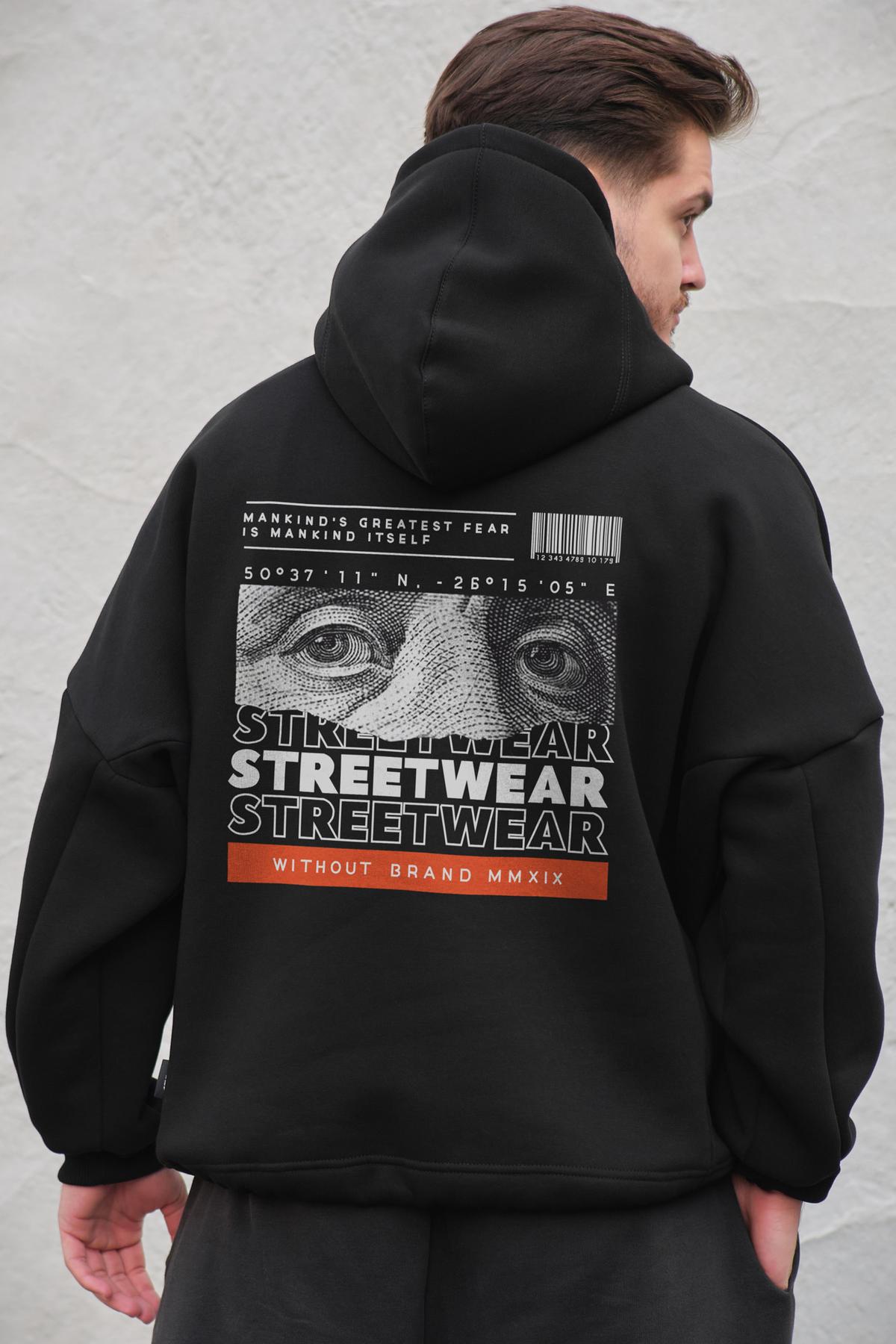 Чоловіче оверсайз худі на флісі з капюшоном - Streetwear Black (Арт.: 8049376)